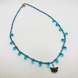 Cottagecore Blue Beaded Necklace 18" Teardrop Beads Butterfly Charm Whimsical